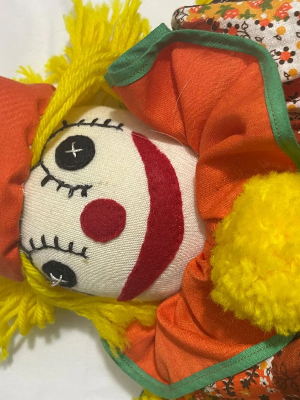 Vintage Handmade Rag Doll Clown Plush Stuffed Toy Yellow Yarn Hair Patchwork 20